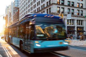 blue bus on city street