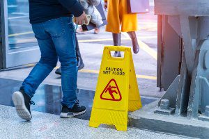 yellow wet floor sign next to door