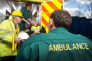 ambulance with workers