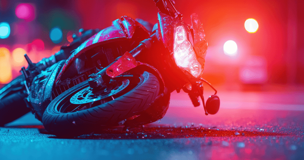 damaged motorcycle in road at night